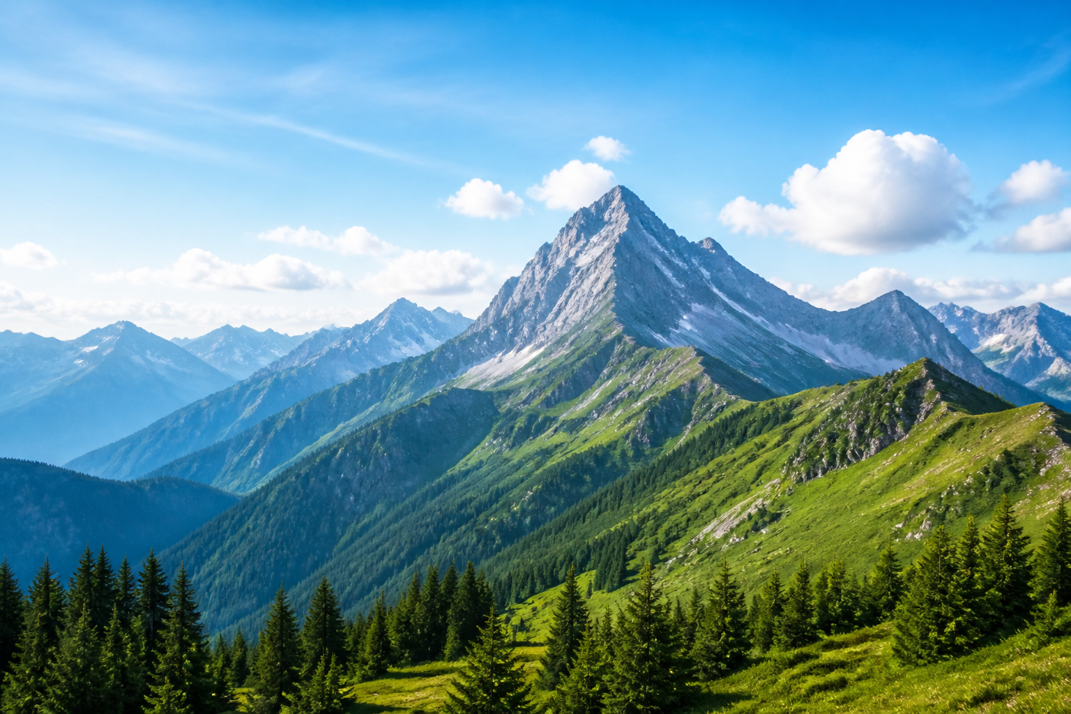Bright, hopeful mountain range with green alpine slopes and layered ridgelines